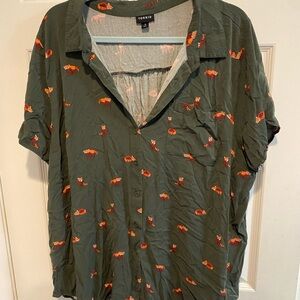 torrid Olive Green Short-Sleeve Button-Up Shirt with Ref Panda Print